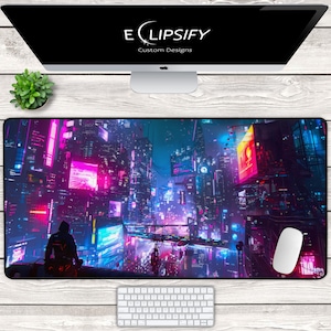 Cyberpunk Neon LED Mouse pad, Cyberpunk Desk Mat, Retro Vapor Wave, Gaming Mouse Pad, Video Game, Vibrant Aesthetic RGB