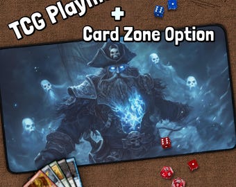 Undead Pirate TCG Playmat | Ghost Captain Card Game Mat | Cursed Pirate Fantasy Art | Blue Ocean Tabletop Gaming Mat