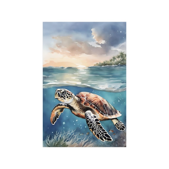 ウミガメの水彩画アートプリント、カメの絵画の壁アート装飾