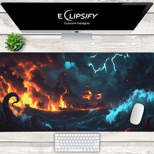 Tapis de bureau gaming bateau pirate, tapis de souris Sea Thieves, bateau pirate, fantastique, tapis de jeu MTG, tapis de jeu TCG, tapis de bureau océan, tapis de souris de jeu