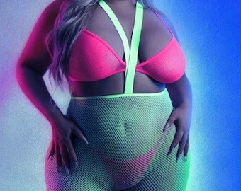 Plus Size Glow in the Dark Neon Green / Pink 3pc Fishnet Bra, Panty and Suspender Stockings Set