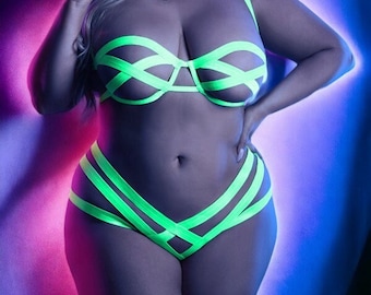 Plus Size Glow in the Dark Neon Green Bandage Bra & Panty Set