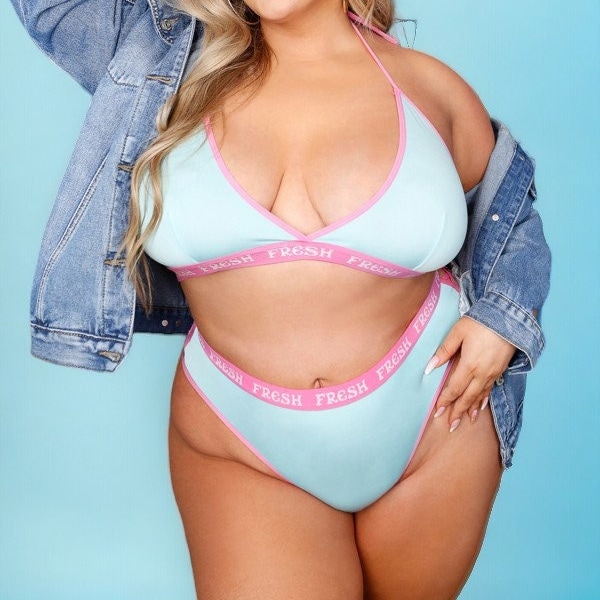 Plus Size Baby Blue "Fresh" Halter Bralette and Matching Booty Short Set