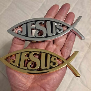 PVC 3D Jesus Fish Car Emblem: Gold, Silver Christian Auto Decal Sticker. Just for the faithful and believers. Jesus loves, Jesus saves.