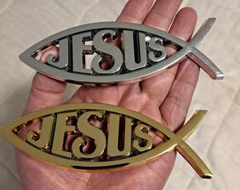 PVC 3D Jesus Fish Car Emblem: Gold, Silver Christian Auto Decal Sticker. Just for the faithful and believers. Jesus loves, Jesus saves.