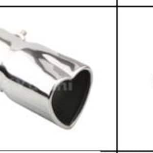 May include: A chrome-finished exhaust tip with a heart-shaped outlet. The tip is angled and features a clamp for easy installation. The product is designed for automotive use and has a shiny, reflective surface.