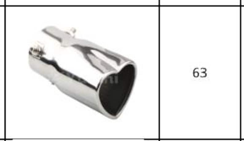 May include: A chrome-finished exhaust tip with a heart-shaped outlet. The tip is angled and features a clamp for easy installation. The product is designed for automotive use and has a shiny, reflective surface.
