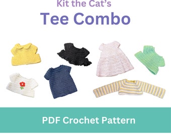 May include: A crochet pattern for a set of six different doll shirts, including a yellow shirt with a collar, a black shirt with a ruffle, a pink dress, a green shirt, a white shirt with a red flower, and a blue shirt. The pattern is called "Kit the Cat's Tee Combo" and is available as a PDF download.