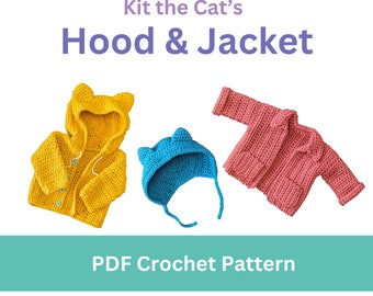 May include: A crochet pattern for a hooded jacket and hat with cat ears. The jacket is yellow and the hat is blue. The pattern is called "Kit the Cat's Hood & Jacket" and is a PDF crochet pattern.