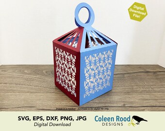May include: A paper lantern with a geometric floral design. The lantern is red and blue with a handle. The design is a digital download. The text on the image says "Digital Download File!" and "Coleen Rood Designs".