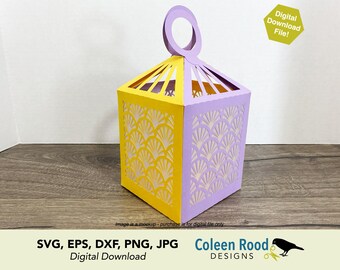 May include: A two-toned paper lantern in yellow and lavender, with a handle. The lantern features a cut-out fan design. The text "Digital Download File!" is in the upper right corner. The bottom of the image has the text "SVG, EPS, DXF, PNG, JPG Digital Download Coleen Rood DESIGNS".