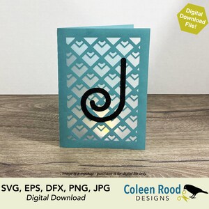 Biglietto d'auguri, biglietto monogramma, biglietto lettera J, biglietto Art Déco, biglietto di compleanno, biglietto di carta impilato, biglietto lanterna, lanterna di carta, taglio 3D, file svg