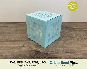 May include: A light blue, square box with a repeating arch design cut into the sides. The box is sitting on a wooden surface. The image includes the text "Digital Download File!" and "SVG, EPS, DXF, PNG, JPG Digital Download Coleen Rood DESIGNS."