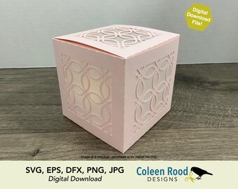 May include: A light pink paper lantern with a geometric design cut into the sides and top. The lantern is a cube shape and has a soft, diffused light inside. The words "Digital Download File!" are in the top right corner. The bottom of the image has the text "SVG, EPS, DFX, PNG, JPG Digital Download Coleen Rood DESIGNS".