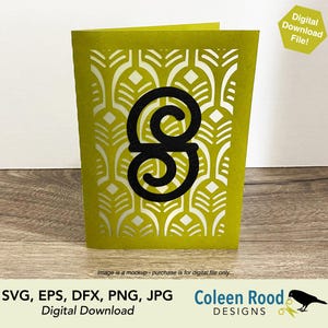 Tarjeta de felicitación, tarjeta con monograma, tarjeta con la letra S, tarjeta Art Déco, tarjeta de cumpleaños, tarjeta de papel apilado, tarjeta de linterna, linterna de papel, corte 3D, archivo SVG