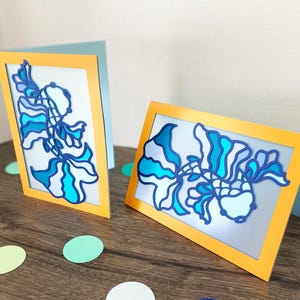 Koi fisk lykta kort SVG 5x7, lager av papperslykta kort, blå ombre fisk, vellum glöd kort, Cricut silhuett klippfil dekor