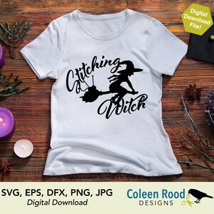 May include: White t-shirt with a black graphic of a witch riding a broom, with the words "Stitching Witch". The design is a digital download file. The image is surrounded by candles and decorative elements.