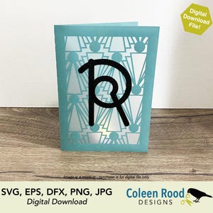 Tarjeta de felicitación, tarjeta con monograma, tarjeta con la letra R, tarjeta Art Déco, tarjeta de cumpleaños, tarjeta de papel apilado, tarjeta de linterna, linterna de papel, corte 3D, archivo SVG