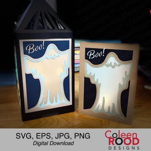 Op de afbeelding: Een digitale download van twee Halloween-ontwerpen met een spook met het woord "Boo!" op een blauwe en bruine achtergrond. De ontwerpen zijn perfect voor knutselprojecten zoals kaarten, scrapbookpagina's en meer.