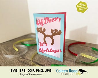 Tarjeta navideña Oh Deer SVG: Diadema de astas iluminada (descarga digital)