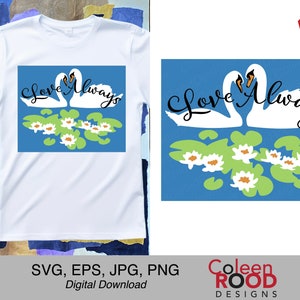 Zwanen met waterlelies, twee zwanen SVG, altijd liefde SVG, romantiek zwanen SVG, zwanen liefde SVG, Valentine zwanen SVG, SVG cricut, SVG silhouet