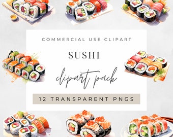 Watercolor Sushi Clipart, Clipart for commercial use, Transparent PNGs,  Japanese, Food, Fish Watercolour