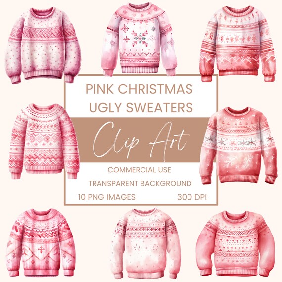 Pink Christmas Ugly Sweaters Clip Art Pack Watercolour Clipart or Commercial Use Christmas Festive Knit Jumper Wall Art Watercolour PNG Etsy
