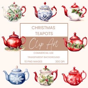 Pacchetto ClipArt di teiere di Natale Acquerello, Clipart o Uso commerciale, Pacchetto, Natale Cina, Wall Art Acquerello PNG