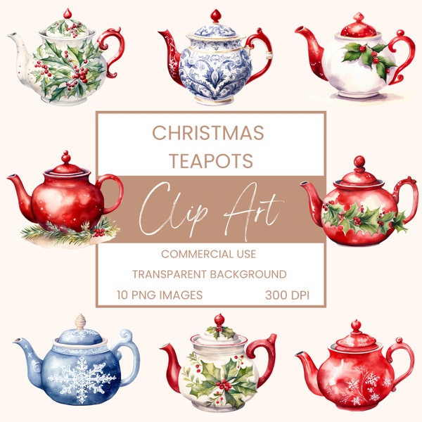 Christmas Teapots Clip Art Pack Watercolour, Clipart or Commercial Use,  Bundle,Christmas China, Wall Art Watercolour PNG