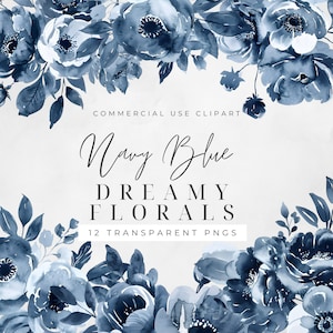 Navy Blue Bouquet Watercolor Clipart PNG, Junk Journaling, Bundle, Floral Watercolor Commercial Use Digital Instant Download