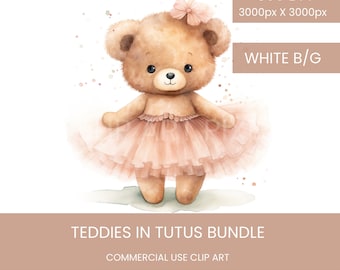 Watercolour Teddy Bears in Tutus  Clip Art Pack Watercolour, Clipart for Commercial Use, Cute Teddies, PNG White Background