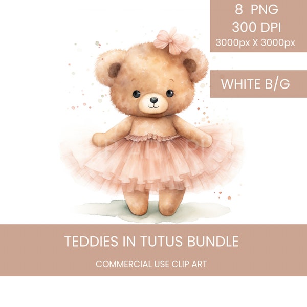 Watercolour Teddy Bears in Tutus  Clip Art Pack Watercolour, Clipart for Commercial Use, Cute Teddies, PNG White Background