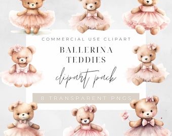 Watercolour Teddy Bears in Tutus  Clip Art Pack Watercolour, Clipart for Commercial Use, Cute Teddies, PNG Transparent Background
