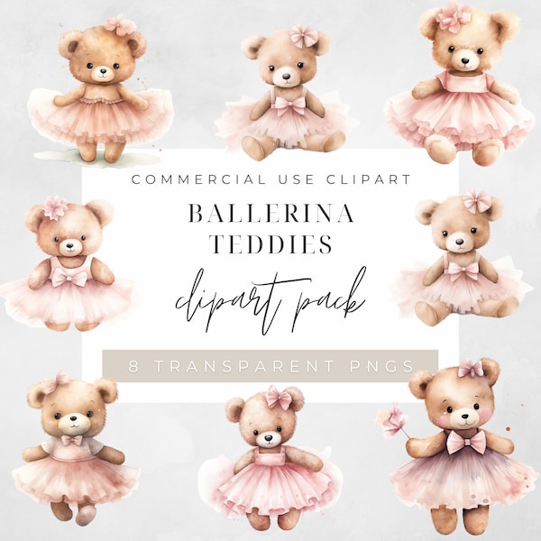 Watercolour Teddy Bears in Tutus  Clip Art Pack Watercolour, Clipart for Commercial Use, Cute Teddies, PNG Transparent Background