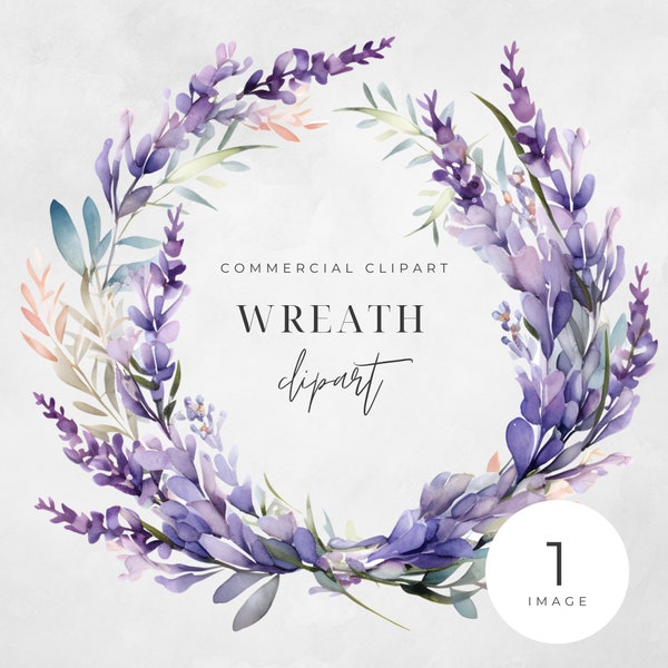 Watercolor Lavender Floral Wreath Clipart, SINGLE IMAGE, Flowers, Purple, Half Wreaths, Wedding, Transparent png, Commercial Use