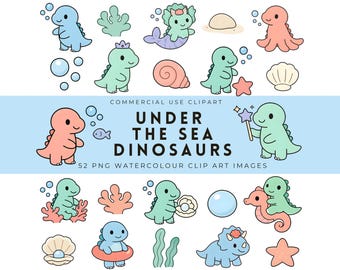 Under The Sea Dinosaurs Clipart | Pastel Dinosaurs Clipart Bundle, Dino PNG, Simple Bold Characters, Digital Download