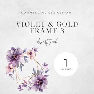 Flores violetas marco dorado corona acuarela clipart PNG, diario basura, paquete, uso comercial floral descarga instantánea digital