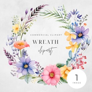 Watercolor Floral Wreath Clipart, Bright Summer Floral, SINGLE IMAGE, Flowers, Half Wreaths, Wedding Boho, Transparent png, Commercial Use