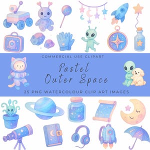 Clipart espace pastel | Galaxie pastel aquarelle PNG | Alien mignon, étoiles, lunes et planètes | Art numérique cosmique