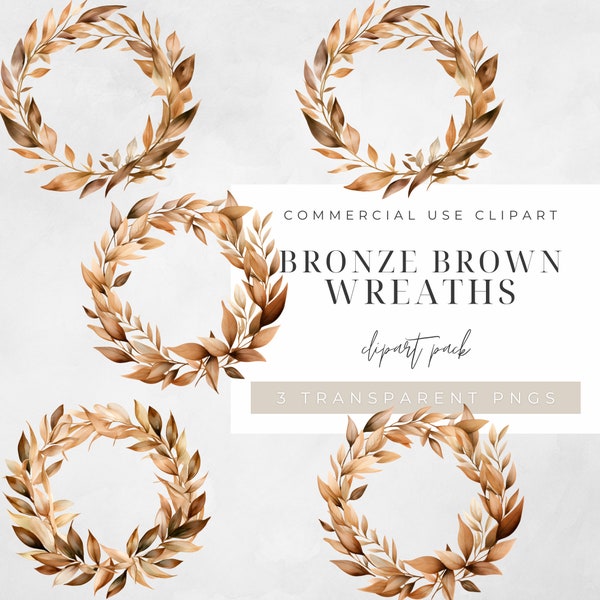 Watercolor Bronze Brown Wreath Clipart, 3 IMAGES, Flowers, Half Wreaths, Wedding Minimalist, Leaves, Transparent png, Commercial Use