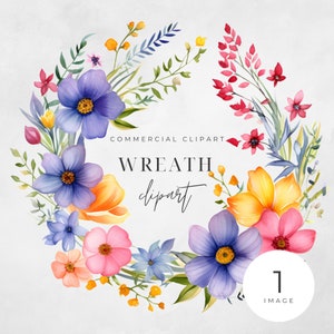 Watercolor Floral Wreath Clipart, Bright Summer Floral, SINGLE IMAGE, Flowers, Half Wreaths, Wedding Boho, Transparent png, Commercial Use