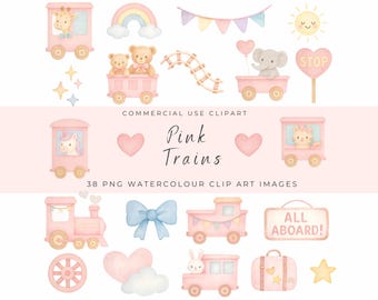 Watercolor Pink Train Clipart Set for Kids – Cute Baby Train Illustrations, Nursery Art, Pastel Birthday Decor, Commercial Use PNG