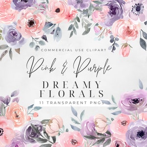 Pink and Purple Bouquet Watercolor Clipart PNG, Junk Journaling, Bundle, Floral Watercolor Commercial Use Digital Instant Download