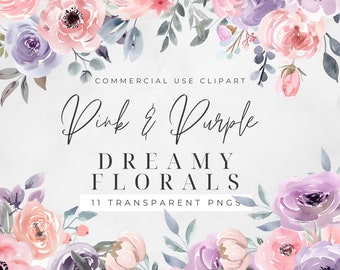 Pink and Purple Bouquet Watercolor Clipart PNG, Junk Journaling, Bundle, Floral Watercolor Commercial Use Digital Instant Download