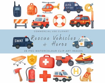 Rescue Vehicles Clipart | Emergency Services PNG | Watercolor Police, Fire Truck, Ambulance, EMT Gear | Kids First Responders Art