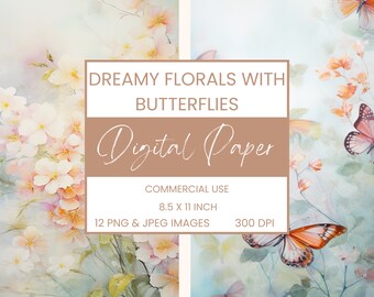 Floral de ensueño con mariposas papel digital JPEG & PNG, diario basura, paquete, arte de pared floral uso comercial descarga instantánea digital