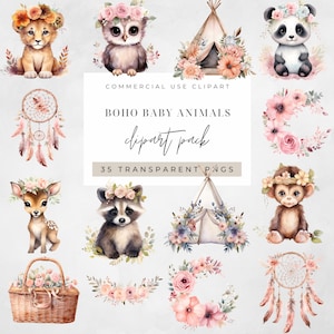 Boho Baby Tiere Aquarell Clipart PNG, Junk Journaling, Blumen Aquarell Wand Kunst kommerzielle Nutzung, digitaler Sofort Download