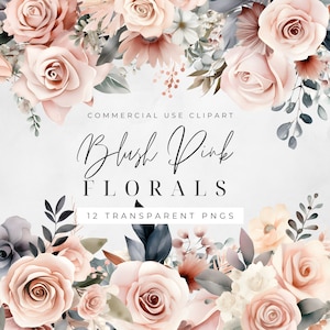 Blush Pink Bouquet Watercolor Clipart PNG, Junk Journaling, Bundle, Floral Watercolor Wall Art Commercial Use Digital Instant Download