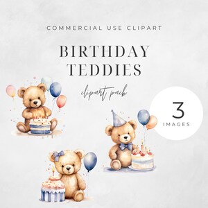 Aquarelle Teddy Bear Birthday Party Clip Art Pack Aquarelle, Clipart ou utilisation commerciale, Nounours mignons, Gâteau d’anniversaire Aquarelle PNG