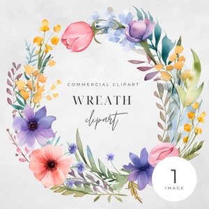 Watercolor Floral Wreath Clipart, Bright Summer Floral, SINGLE IMAGE, Flowers, Half Wreaths, Wedding Boho, Transparent png, Commercial Use